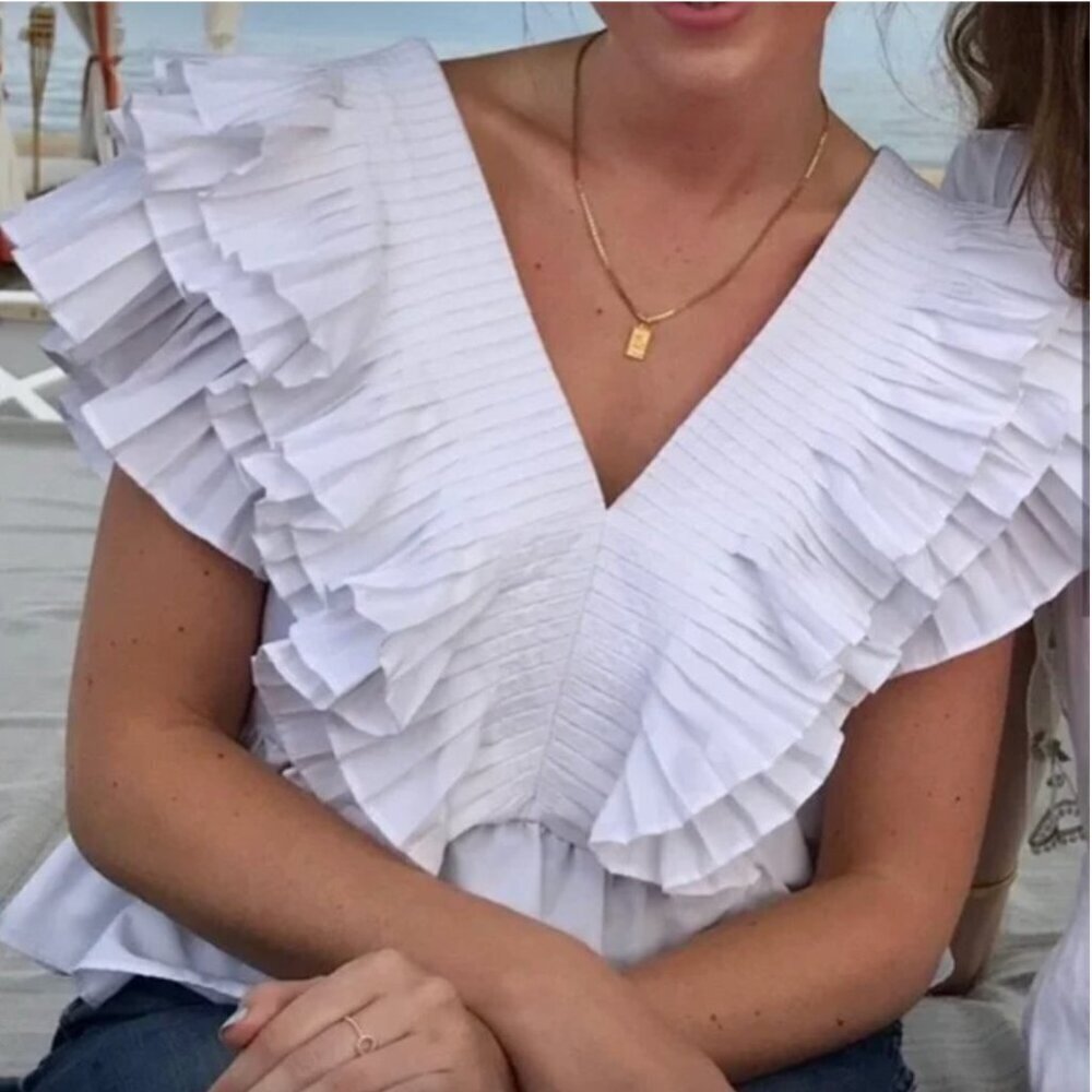 Zara White Ruffled V-Neck Top Size XS NEW WITH TAG! - Picture 4 of 6